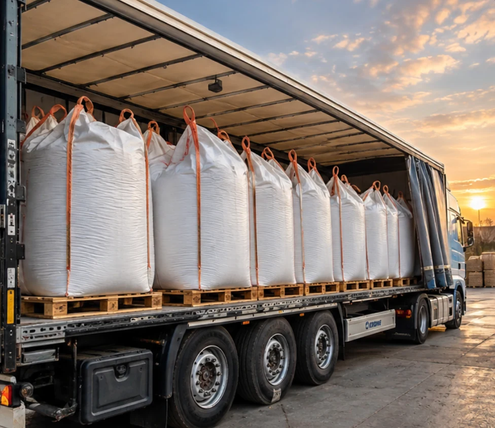 Naczepa załadowana workami Big Bag gotowa do transportu